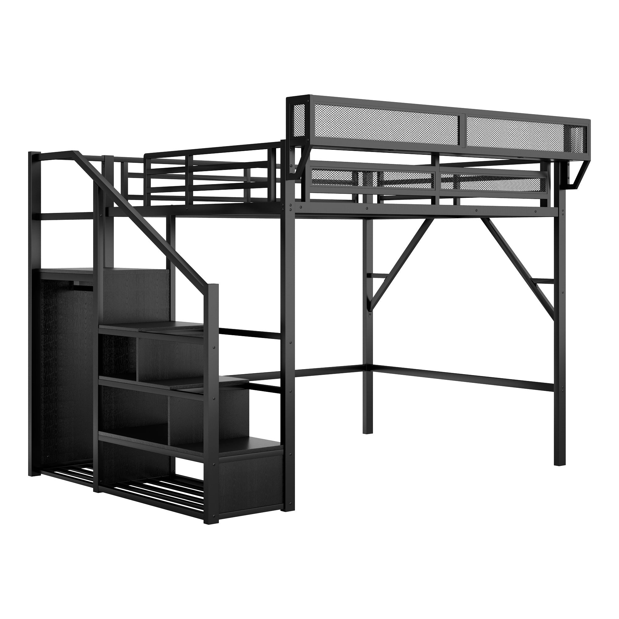 Bellemave® Queen Size Loft Bed with Stairs and Storage, Metal Loft Bed Frame with Bedside Shelf & Large Under - Bed Space, Heavy - Duty Beds for Adults Teens and Kids, Black - Bellemave