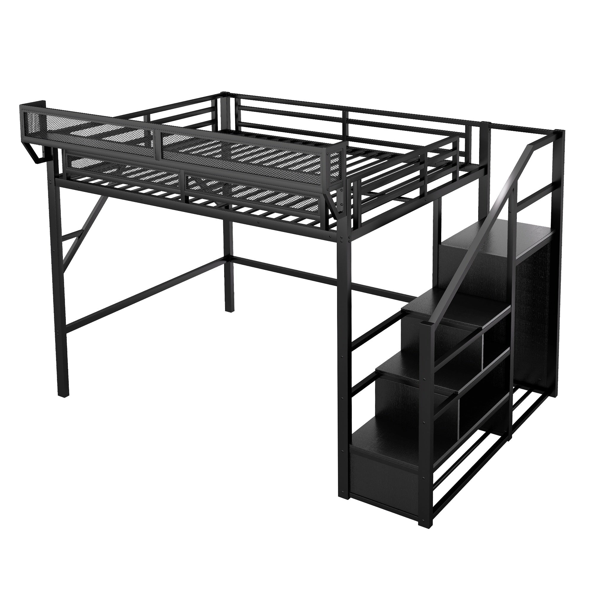 Bellemave® Queen Size Loft Bed with Stairs and Storage, Metal Loft Bed Frame with Bedside Shelf & Large Under - Bed Space, Heavy - Duty Beds for Adults Teens and Kids, Black - Bellemave