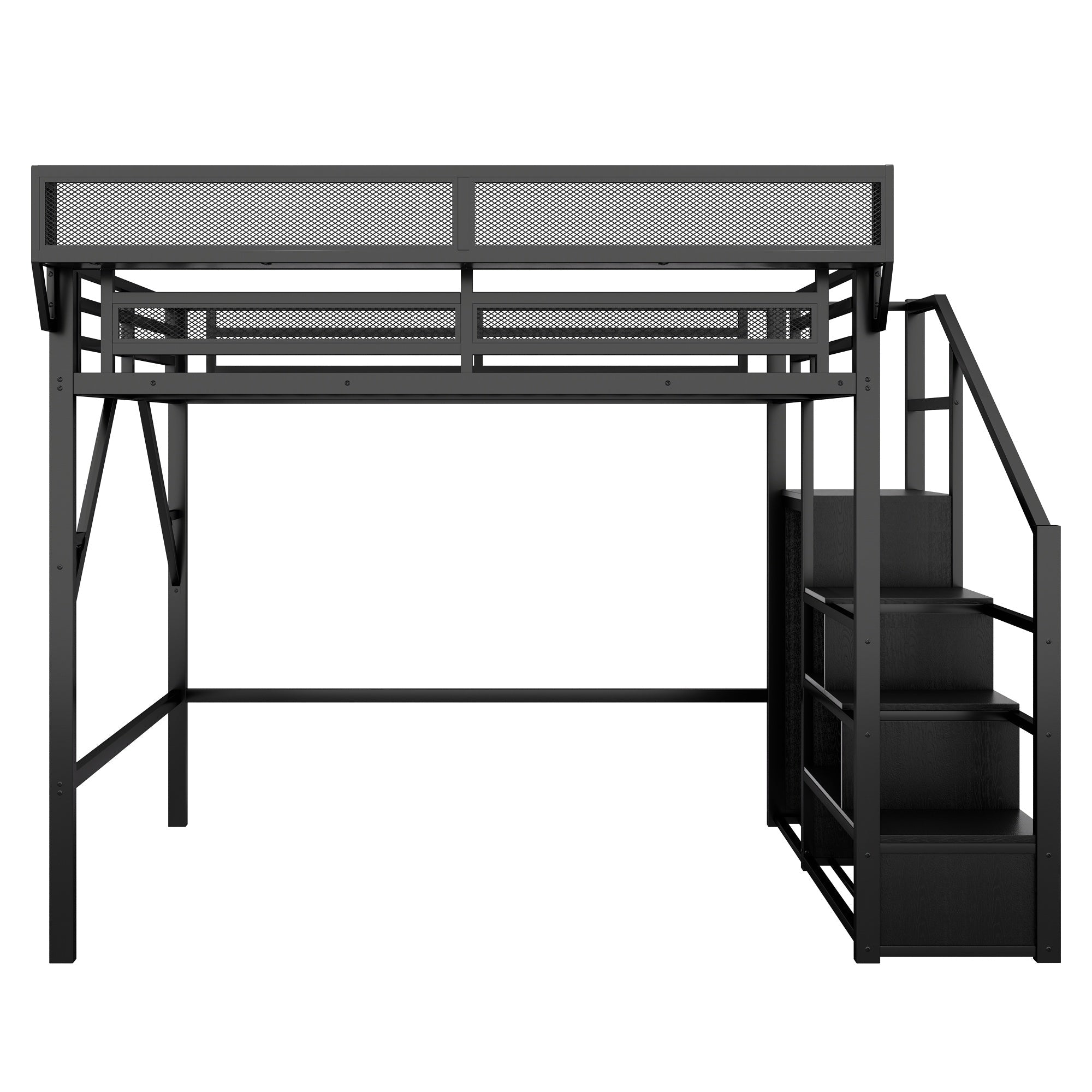 Bellemave® Queen Size Loft Bed with Stairs and Storage, Metal Loft Bed Frame with Bedside Shelf & Large Under - Bed Space, Heavy - Duty Beds for Adults Teens and Kids, Black - Bellemave