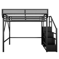 Bellemave® Queen Size Loft Bed with Stairs and Storage, Metal Loft Bed Frame with Bedside Shelf & Large Under - Bed Space, Heavy - Duty Beds for Adults Teens and Kids, Black - Bellemave