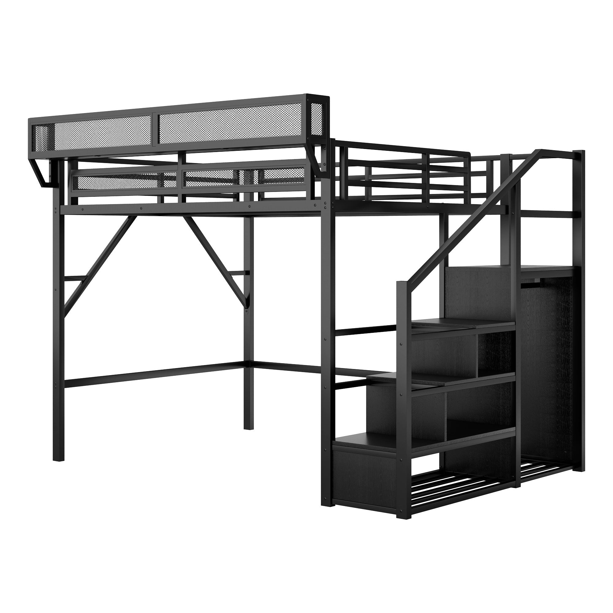 Bellemave® Queen Size Loft Bed with Stairs and Storage, Metal Loft Bed Frame with Bedside Shelf & Large Under - Bed Space, Heavy - Duty Beds for Adults Teens and Kids, Black - Bellemave
