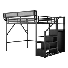 Bellemave® Queen Size Loft Bed with Stairs and Storage, Metal Loft Bed Frame with Bedside Shelf & Large Under - Bed Space, Heavy - Duty Beds for Adults Teens and Kids, Black - Bellemave