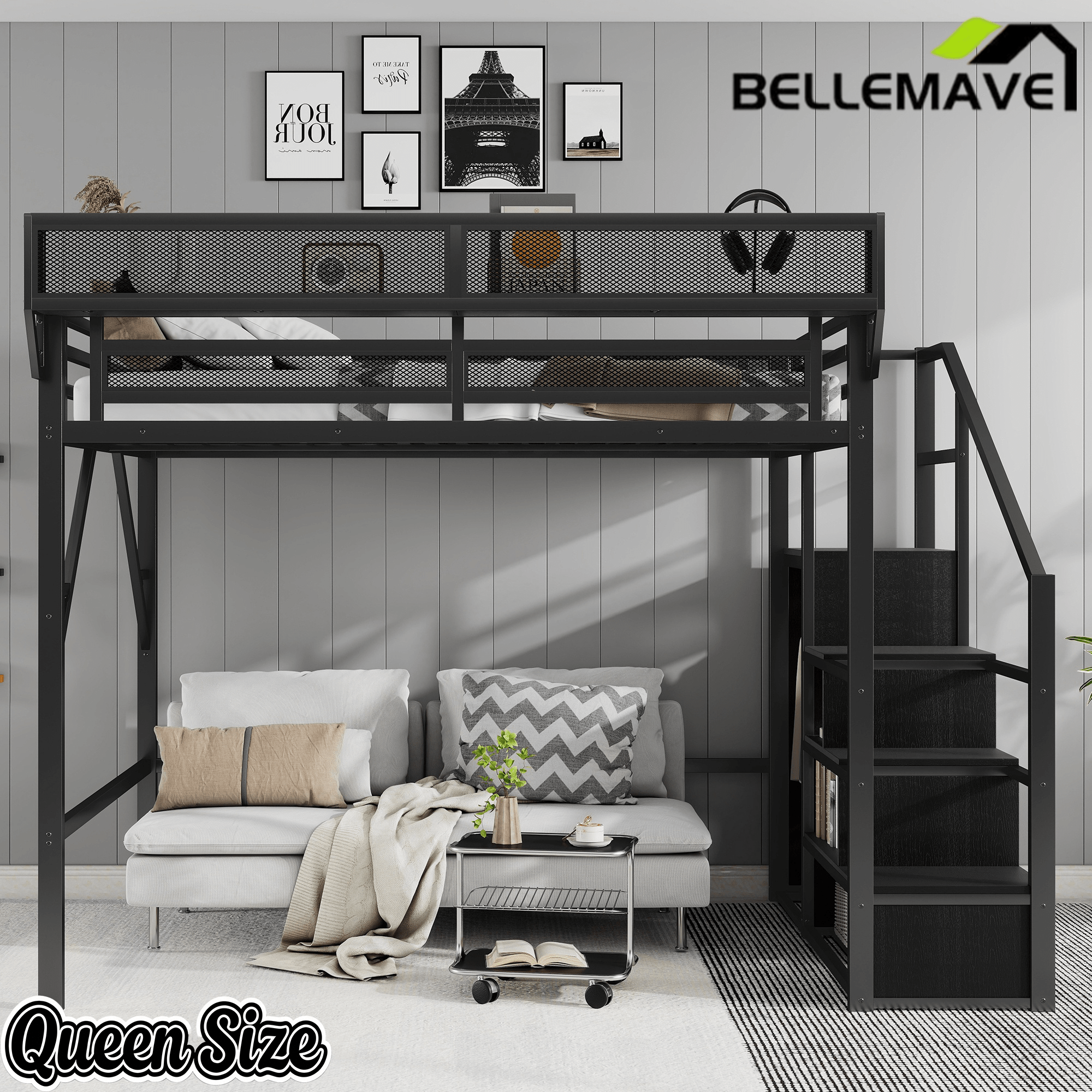 Bellemave® Queen Size Loft Bed with Stairs and Storage, Metal Loft Bed Frame with Bedside Shelf & Large Under - Bed Space, Heavy - Duty Beds for Adults Teens and Kids, Black - Bellemave
