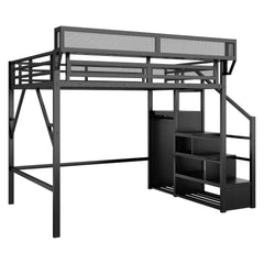 Bellemave® Queen Size Loft Bed with Stairs and Storage, Metal Loft Bed Frame with Bedside Shelf & Large Under - Bed Space, Heavy - Duty Beds for Adults Teens and Kids, Black - Bellemave
