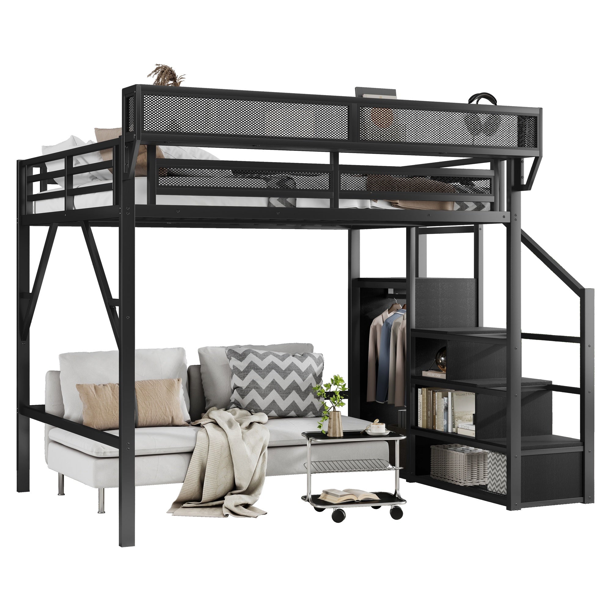 Bellemave® Queen Size Loft Bed with Stairs and Storage, Metal Loft Bed Frame with Bedside Shelf & Large Under - Bed Space, Heavy - Duty Beds for Adults Teens and Kids, Black - Bellemave