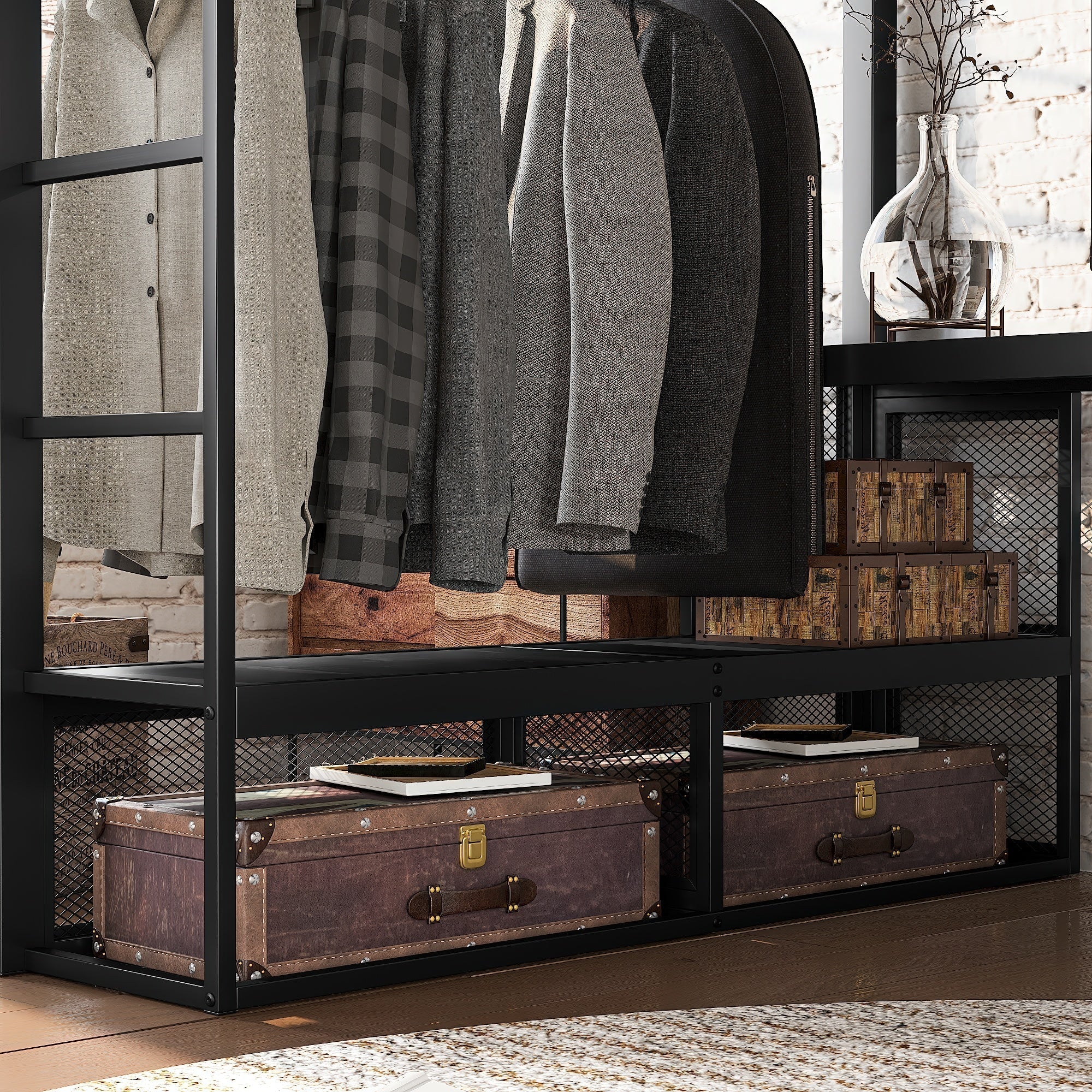 Bellemave® Queen Size Loft Bed with Storage Shelves & Hanging Rod, Metal Queen Loft Bed Frame with Desk for Kids Teens, Black - Bellemave