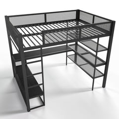 Bellemave® Queen Size Loft Bed with Storage Shelves & Hanging Rod, Metal Queen Loft Bed Frame with Desk for Kids Teens, Black - Bellemave