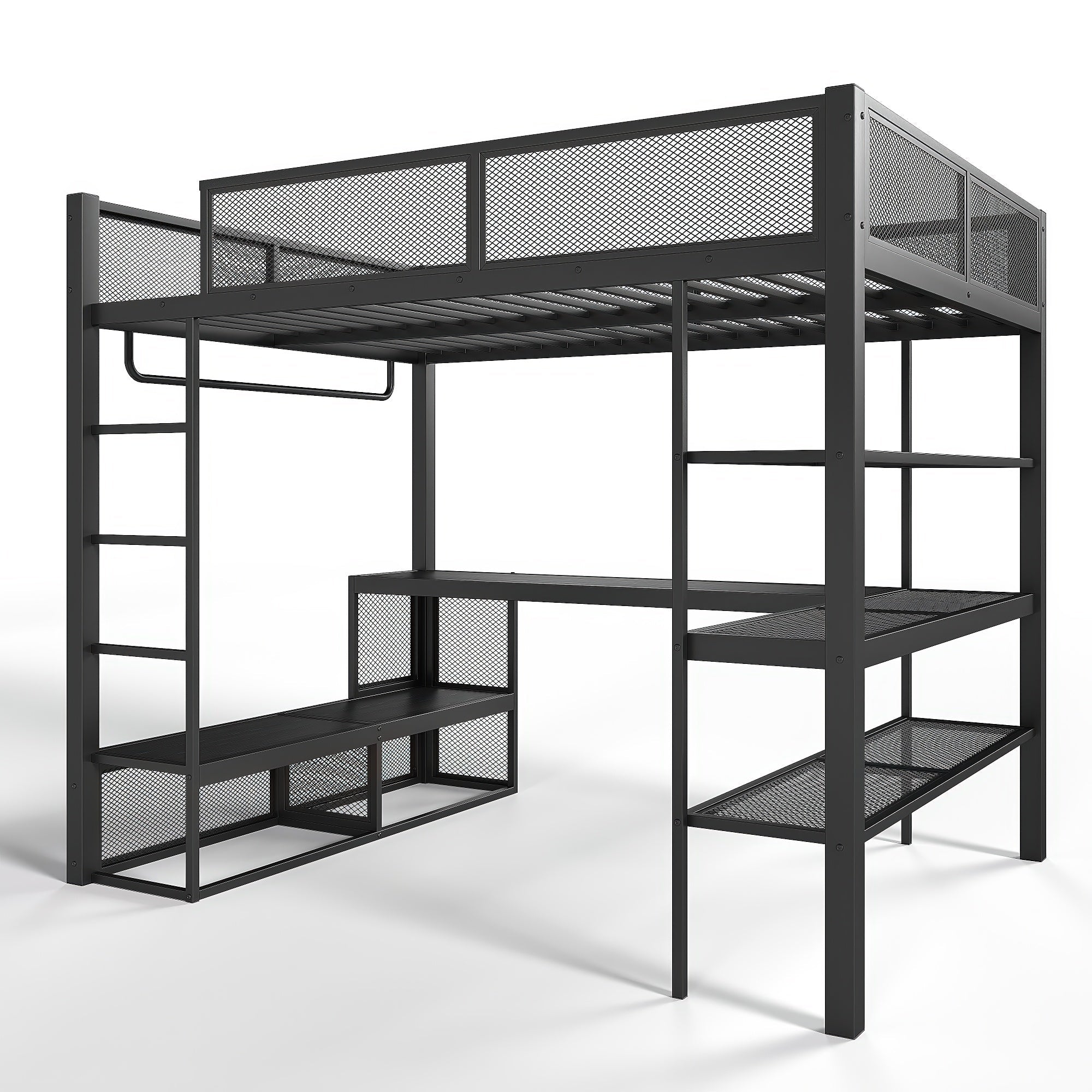 Bellemave® Queen Size Loft Bed with Storage Shelves & Hanging Rod, Metal Queen Loft Bed Frame with Desk for Kids Teens, Black - Bellemave