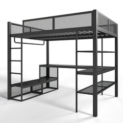 Bellemave® Queen Size Loft Bed with Storage Shelves & Hanging Rod, Metal Queen Loft Bed Frame with Desk for Kids Teens, Black - Bellemave
