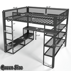 Bellemave® Queen Size Loft Bed with Storage Shelves & Hanging Rod, Metal Queen Loft Bed Frame with Desk for Kids Teens, Black - Bellemave