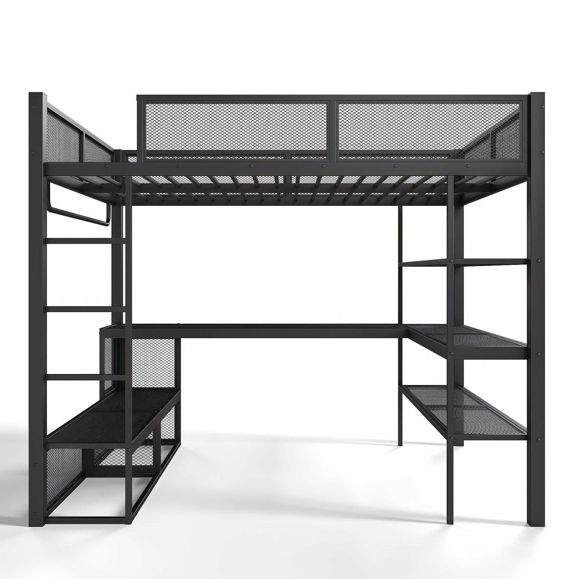 Bellemave® Queen Size Loft Bed with Storage Shelves & Hanging Rod, Metal Queen Loft Bed Frame with Desk for Kids Teens, Black - Bellemave