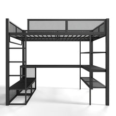 Bellemave® Queen Size Loft Bed with Storage Shelves & Hanging Rod, Metal Queen Loft Bed Frame with Desk for Kids Teens, Black - Bellemave