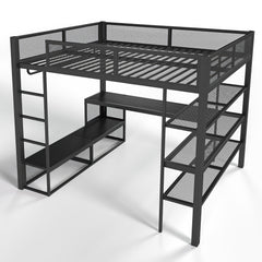Bellemave® Queen Size Loft Bed with Storage Shelves & Hanging Rod, Metal Queen Loft Bed Frame with Desk for Kids Teens, Black - Bellemave