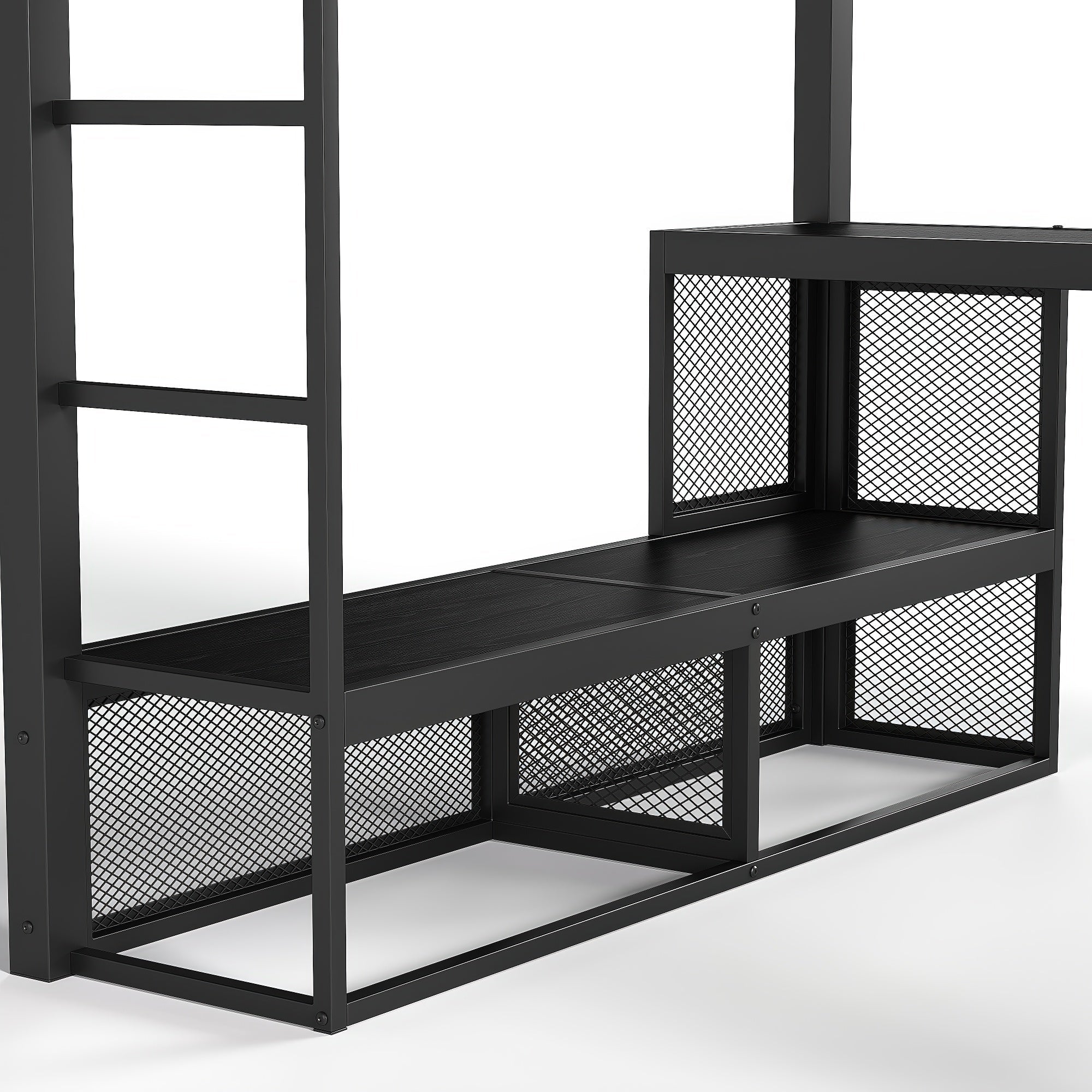 Bellemave® Queen Size Loft Bed with Storage Shelves & Hanging Rod, Metal Queen Loft Bed Frame with Desk for Kids Teens, Black - Bellemave