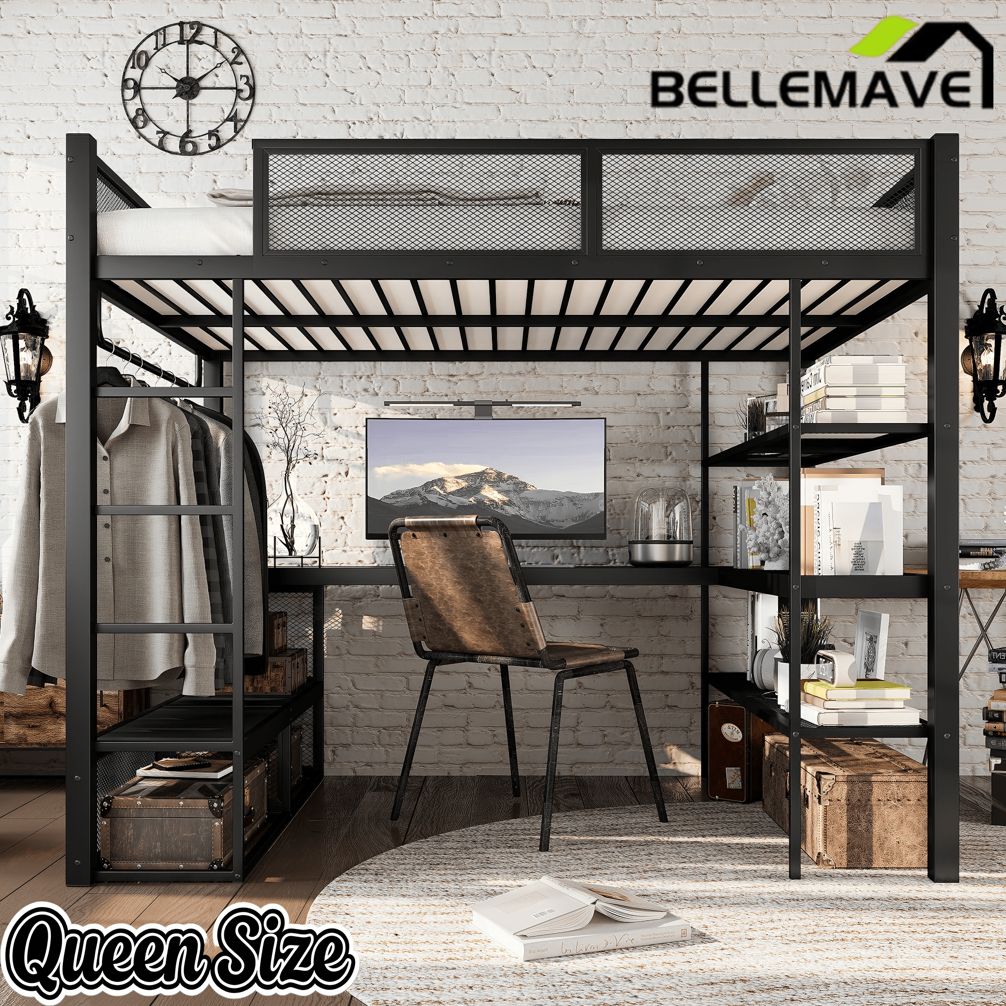 Bellemave® Queen Size Loft Bed with Storage Shelves & Hanging Rod, Metal Queen Loft Bed Frame with Desk for Kids Teens, Black - Bellemave