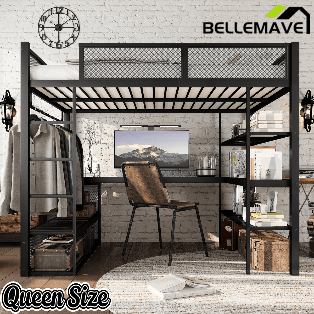 Bellemave® Queen Size Loft Bed with Storage Shelves & Hanging Rod, Metal Queen Loft Bed Frame with Desk for Kids Teens, Black - Bellemave
