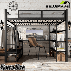 Bellemave® Queen Size Loft Bed with Storage Shelves & Hanging Rod, Metal Queen Loft Bed Frame with Desk for Kids Teens, Black - Bellemave