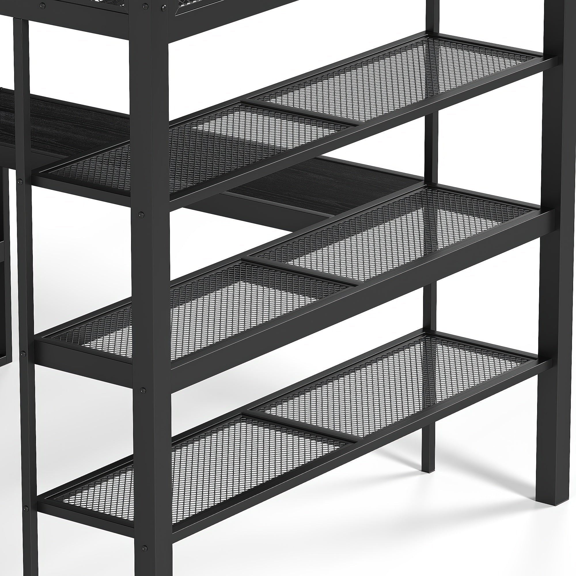 Bellemave® Queen Size Loft Bed with Storage Shelves & Hanging Rod, Metal Queen Loft Bed Frame with Desk for Kids Teens, Black - Bellemave