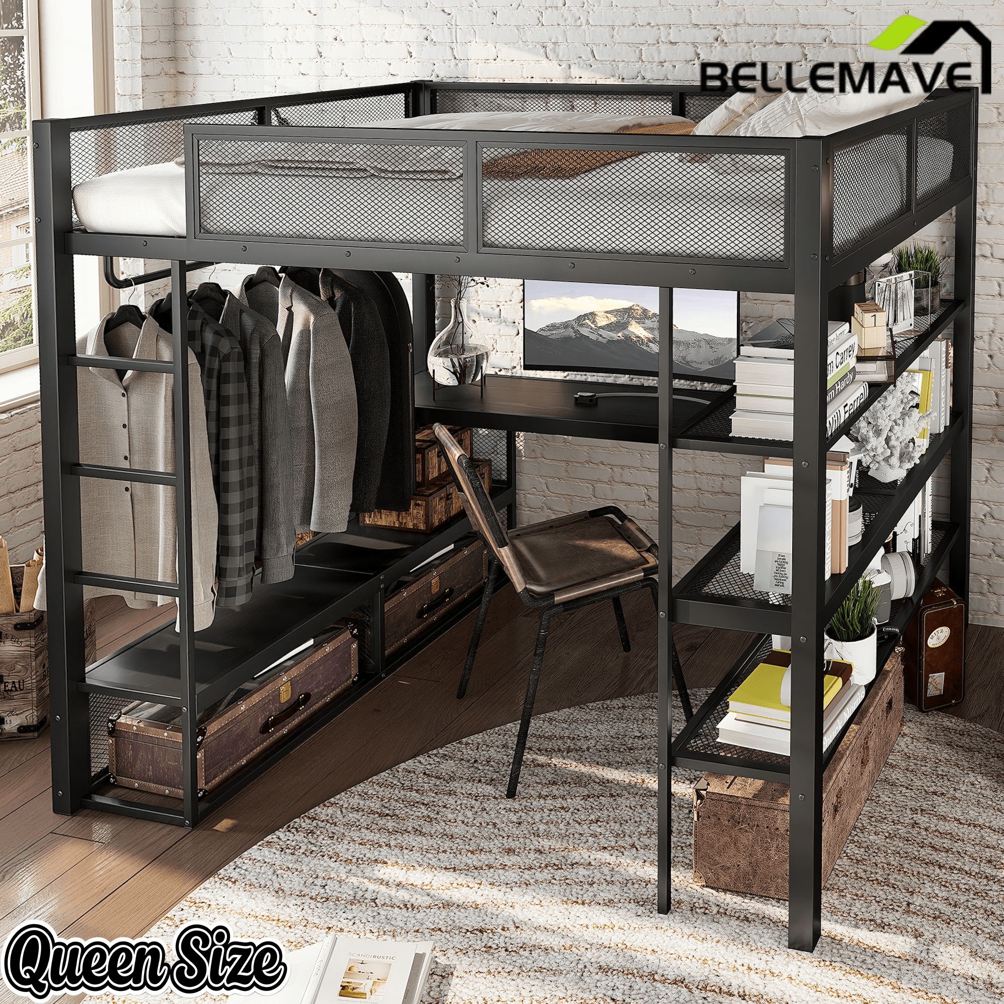Bellemave® Queen Size Loft Bed with Storage Shelves & Hanging Rod, Metal Queen Loft Bed Frame with Desk for Kids Teens, Black - Bellemave