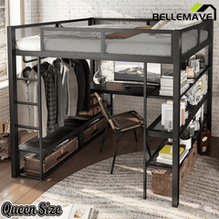 Bellemave® Queen Size Loft Bed with Storage Shelves & Hanging Rod, Metal Queen Loft Bed Frame with Desk for Kids Teens, Black - Bellemave