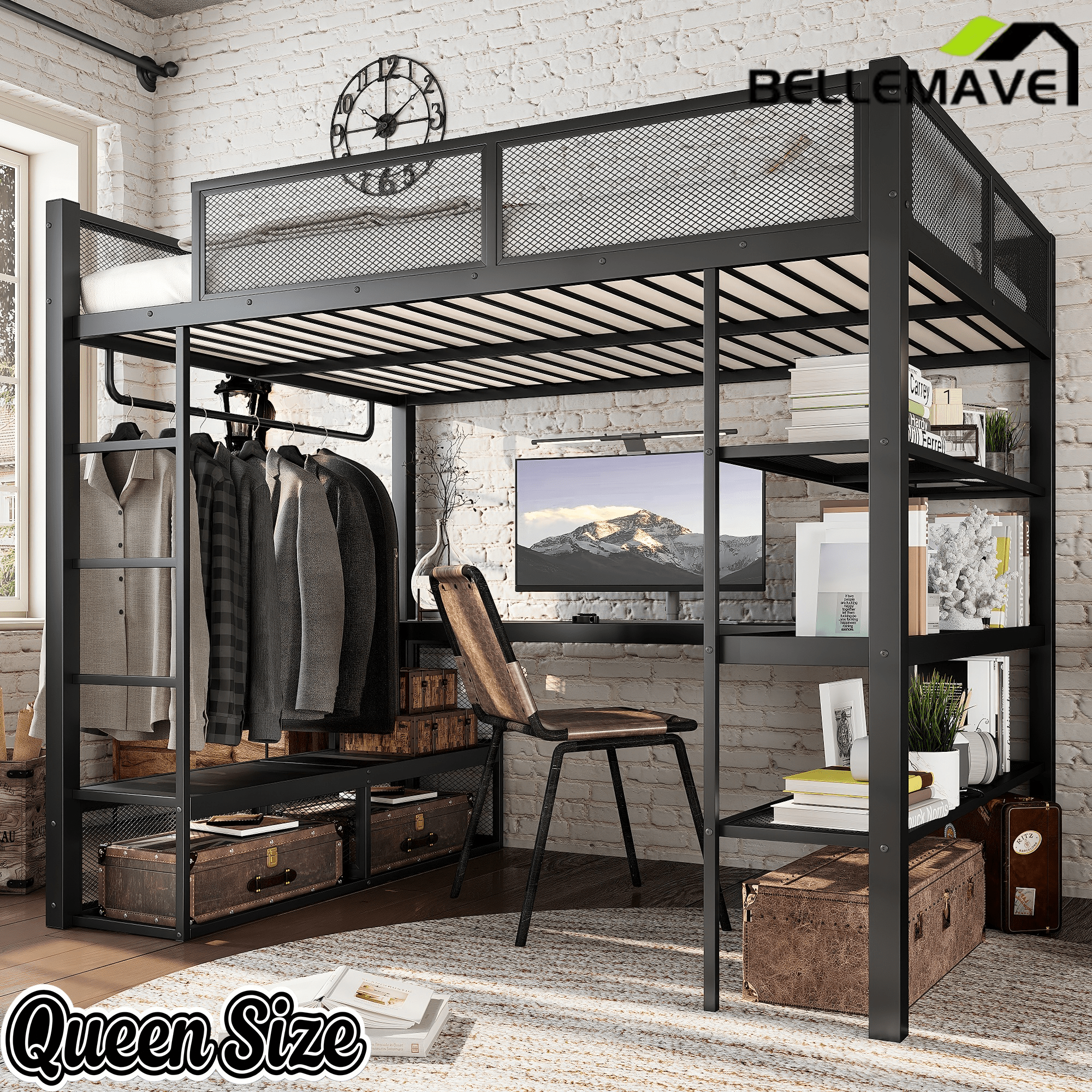 Bellemave® Queen Size Loft Bed with Storage Shelves & Hanging Rod, Metal Queen Loft Bed Frame with Desk for Kids Teens, Black - Bellemave