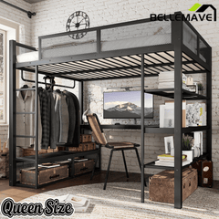 Bellemave® Queen Size Loft Bed with Storage Shelves & Hanging Rod, Metal Queen Loft Bed Frame with Desk for Kids Teens, Black - Bellemave