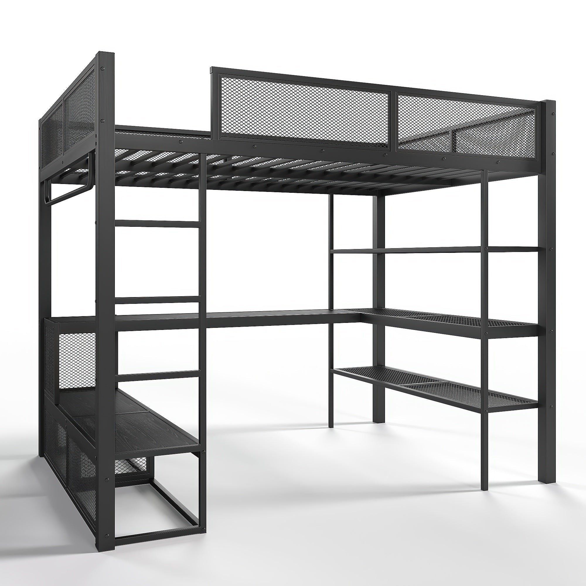Bellemave® Queen Size Loft Bed with Storage Shelves & Hanging Rod, Metal Queen Loft Bed Frame with Desk for Kids Teens, Black - Bellemave