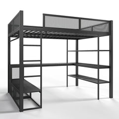 Bellemave® Queen Size Loft Bed with Storage Shelves & Hanging Rod, Metal Queen Loft Bed Frame with Desk for Kids Teens, Black - Bellemave