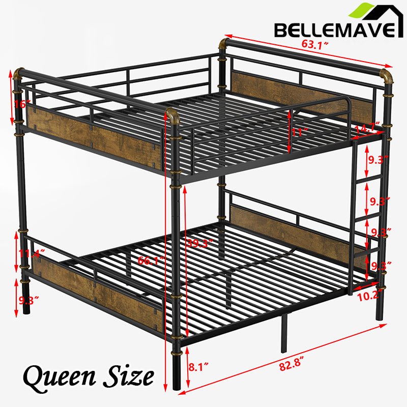 Bellemave® Queen Size Metal Bunk Bed with Safety Guard Rails(Removable) - Bellemave