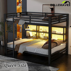 Bellemave® Queen Size Metal Bunk Bed with Storage Cabinets and LED Light - Bellemave
