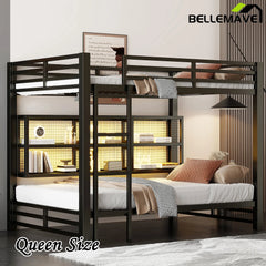 Bellemave® Queen Size Metal Bunk Bed with Storage Cabinets and LED Light - Bellemave