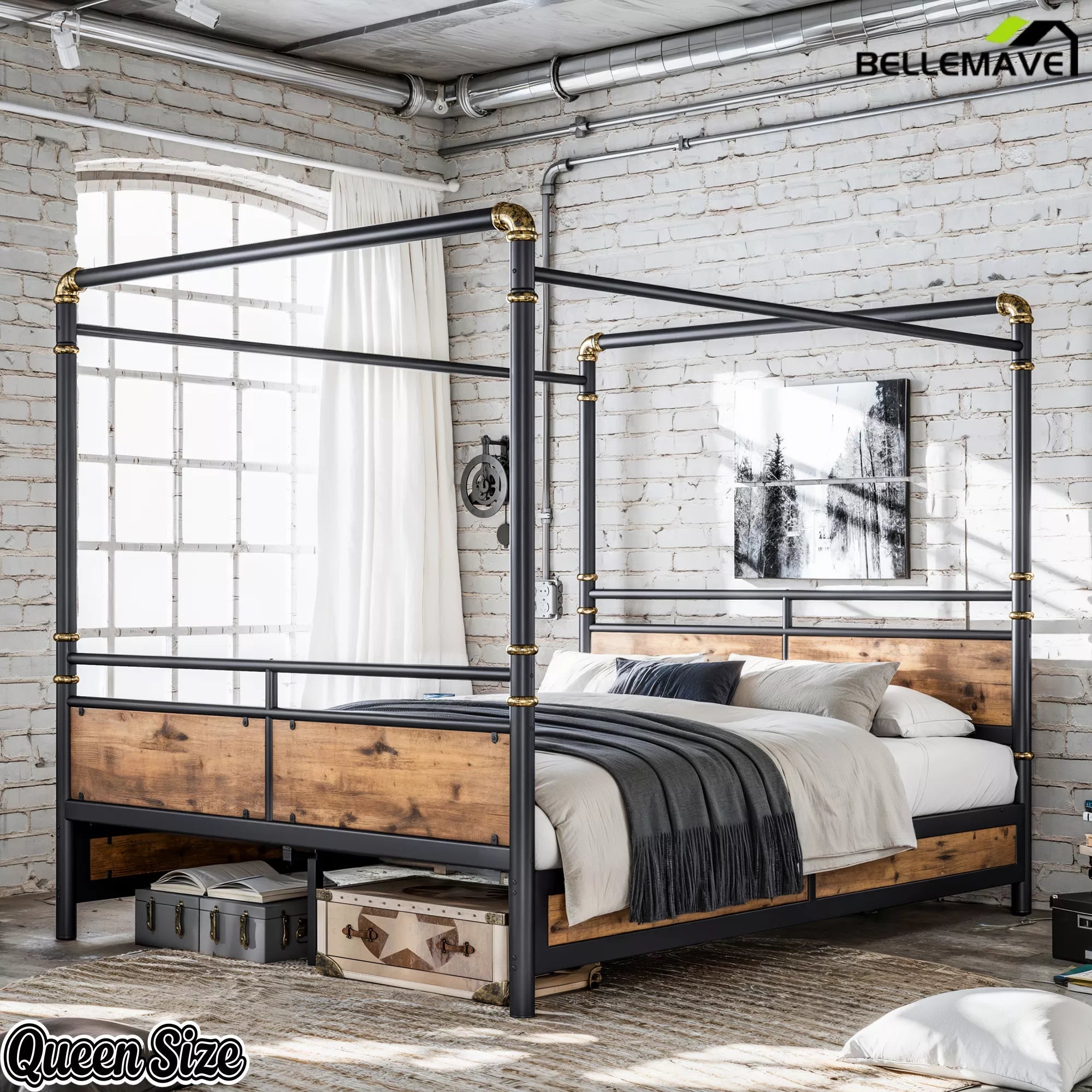 modern queen canopy bed with four poster metal frame