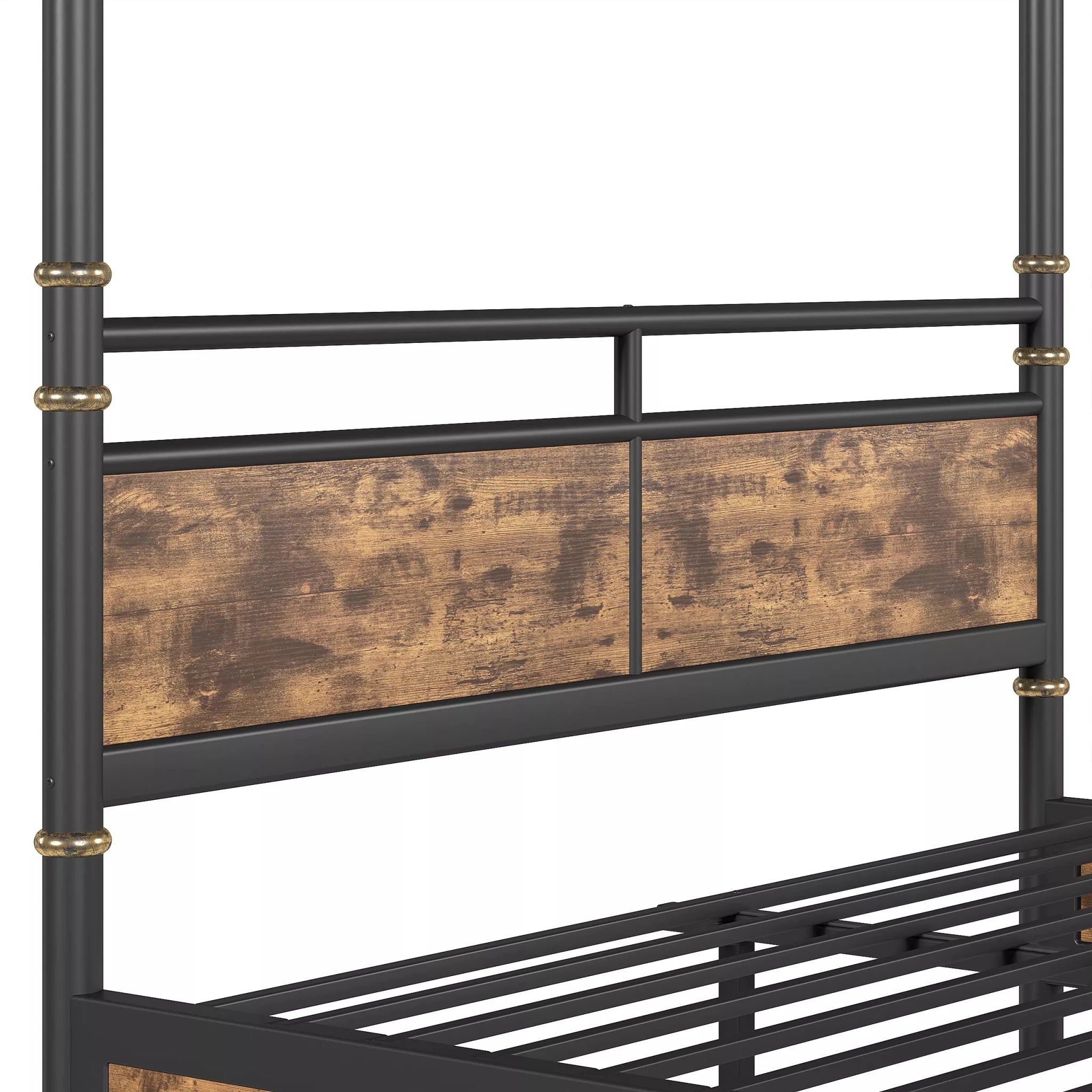 black metal bed frame detail showing canopy support structure