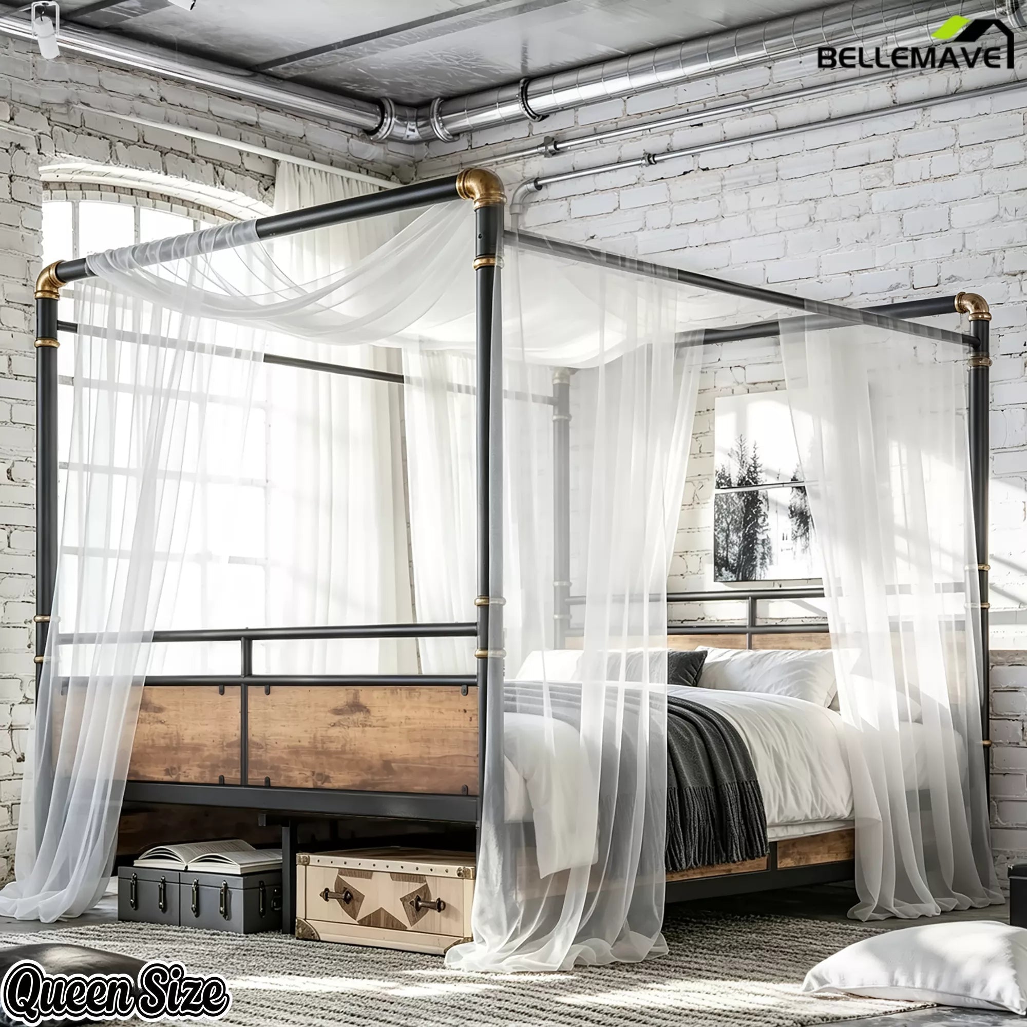 industrial modern queen canopy bed with black metal frame
