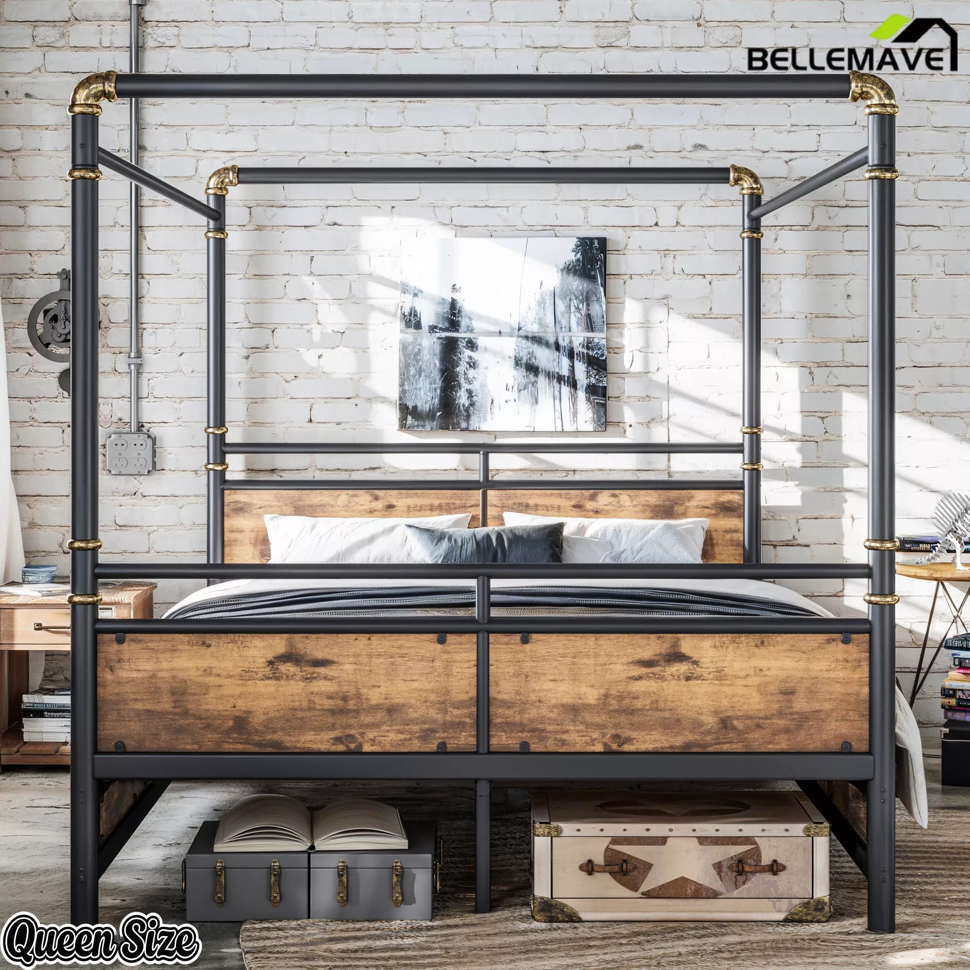 black metal canopy bed with industrial bedroom design