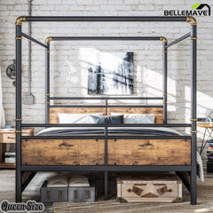 black metal canopy bed with industrial bedroom design
