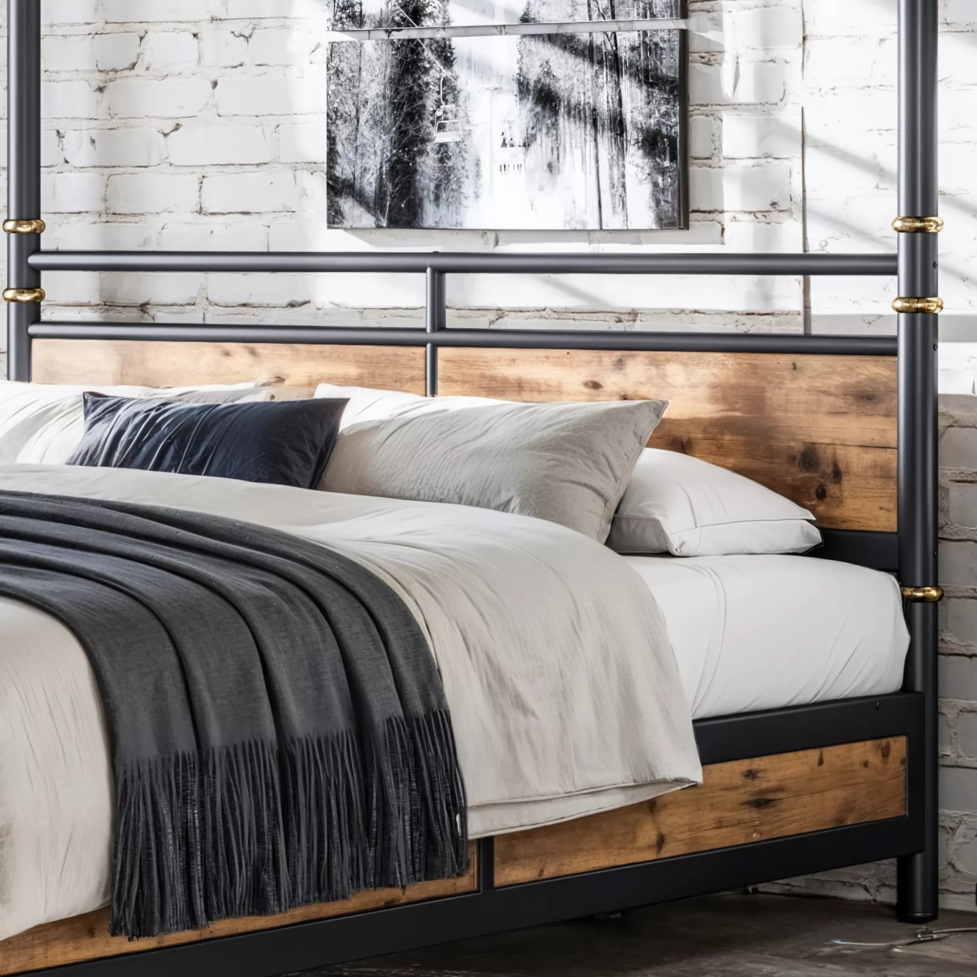 queen size metal canopy bed in modern bedroom setting
