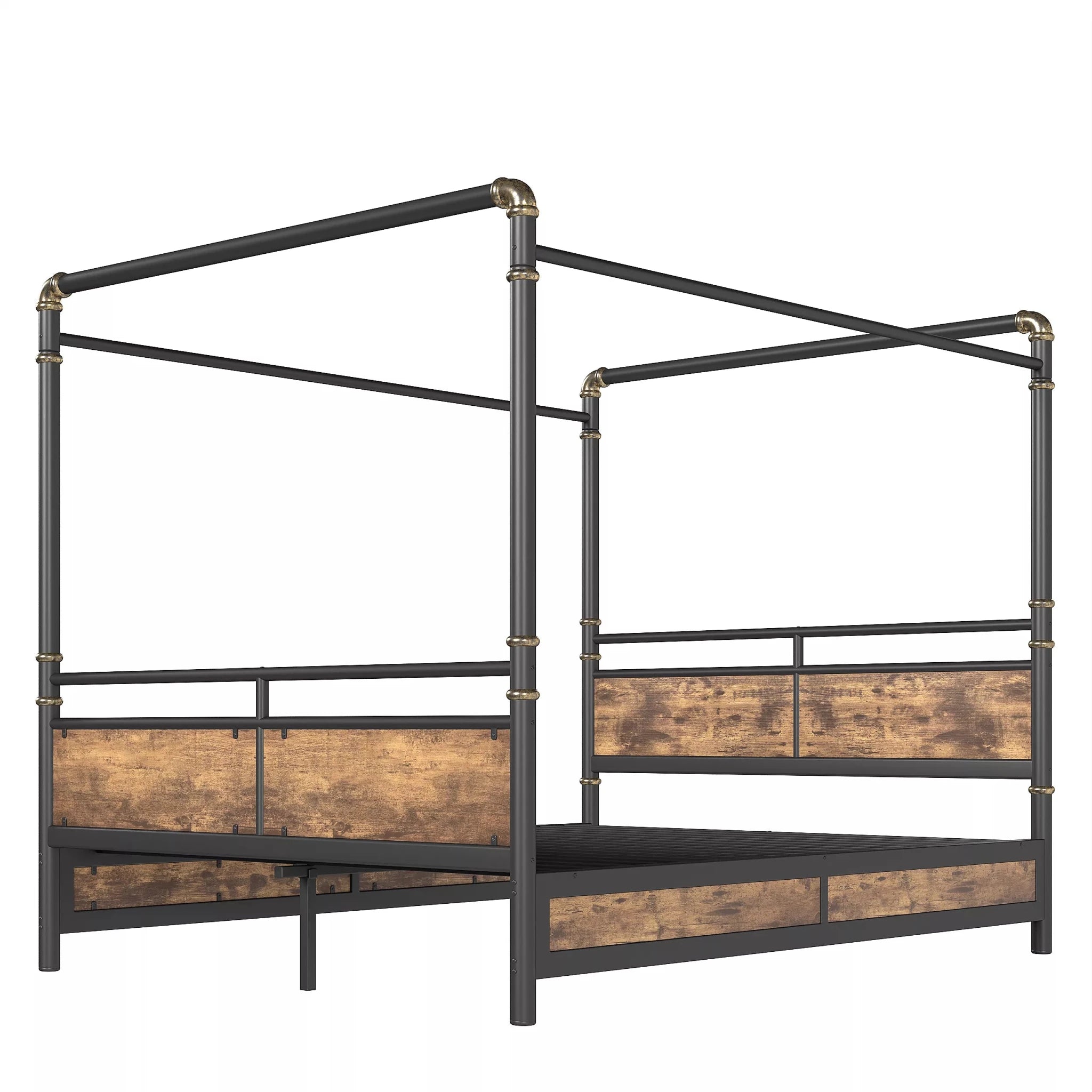 modern metal canopy bed side view with four poster frame design