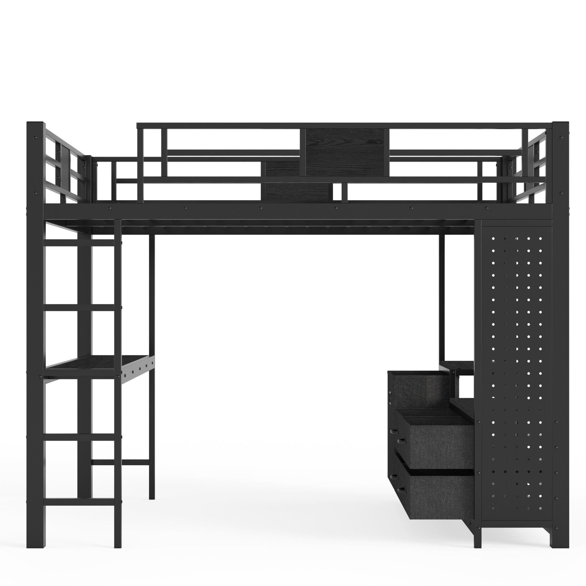 Bellemave® Queen Size Metal Loft Bed with Desk, Storage Shelves & Clothesline Pole, Storage pegboard, Laundry Bag,for Adults, Kids, Teens, Black - Bellemave