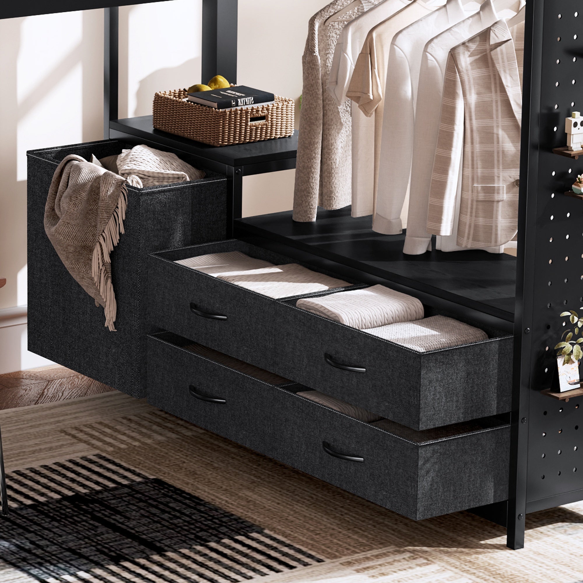 Bellemave® Queen Size Metal Loft Bed with Desk, Storage Shelves & Clothesline Pole, Storage pegboard, Laundry Bag,for Adults, Kids, Teens, Black - Bellemave