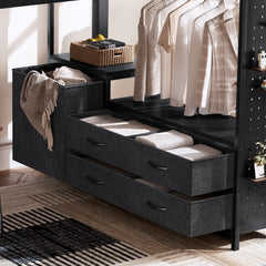 Bellemave® Queen Size Metal Loft Bed with Desk, Storage Shelves & Clothesline Pole, Storage pegboard, Laundry Bag,for Adults, Kids, Teens, Black - Bellemave