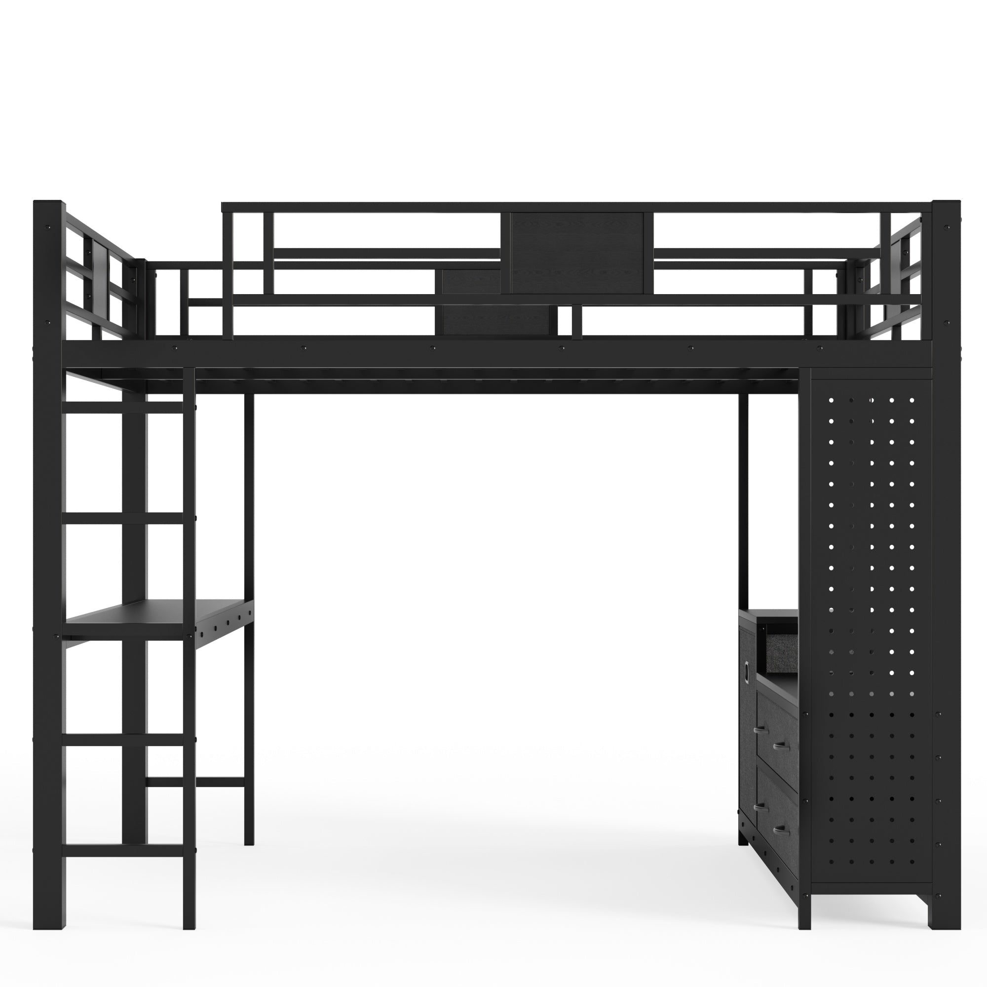Bellemave® Queen Size Metal Loft Bed with Desk, Storage Shelves & Clothesline Pole, Storage pegboard, Laundry Bag,for Adults, Kids, Teens, Black - Bellemave