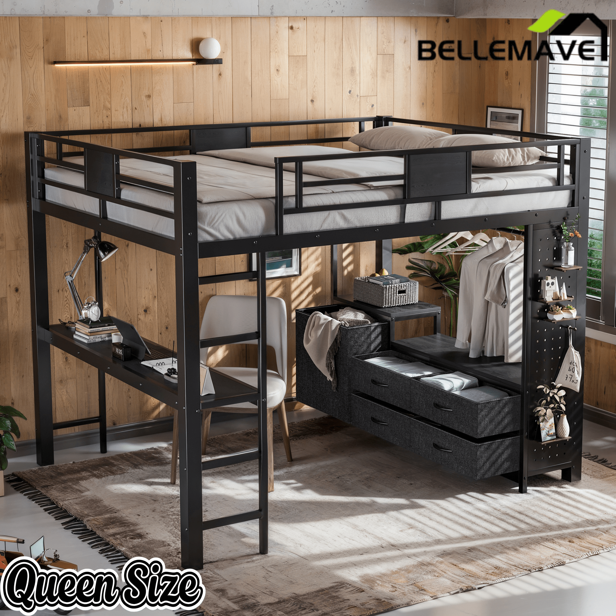 Bellemave® Queen Size Metal Loft Bed with Desk, Storage Shelves & Clothesline Pole, Storage pegboard, Laundry Bag,for Adults, Kids, Teens, Black - Bellemave