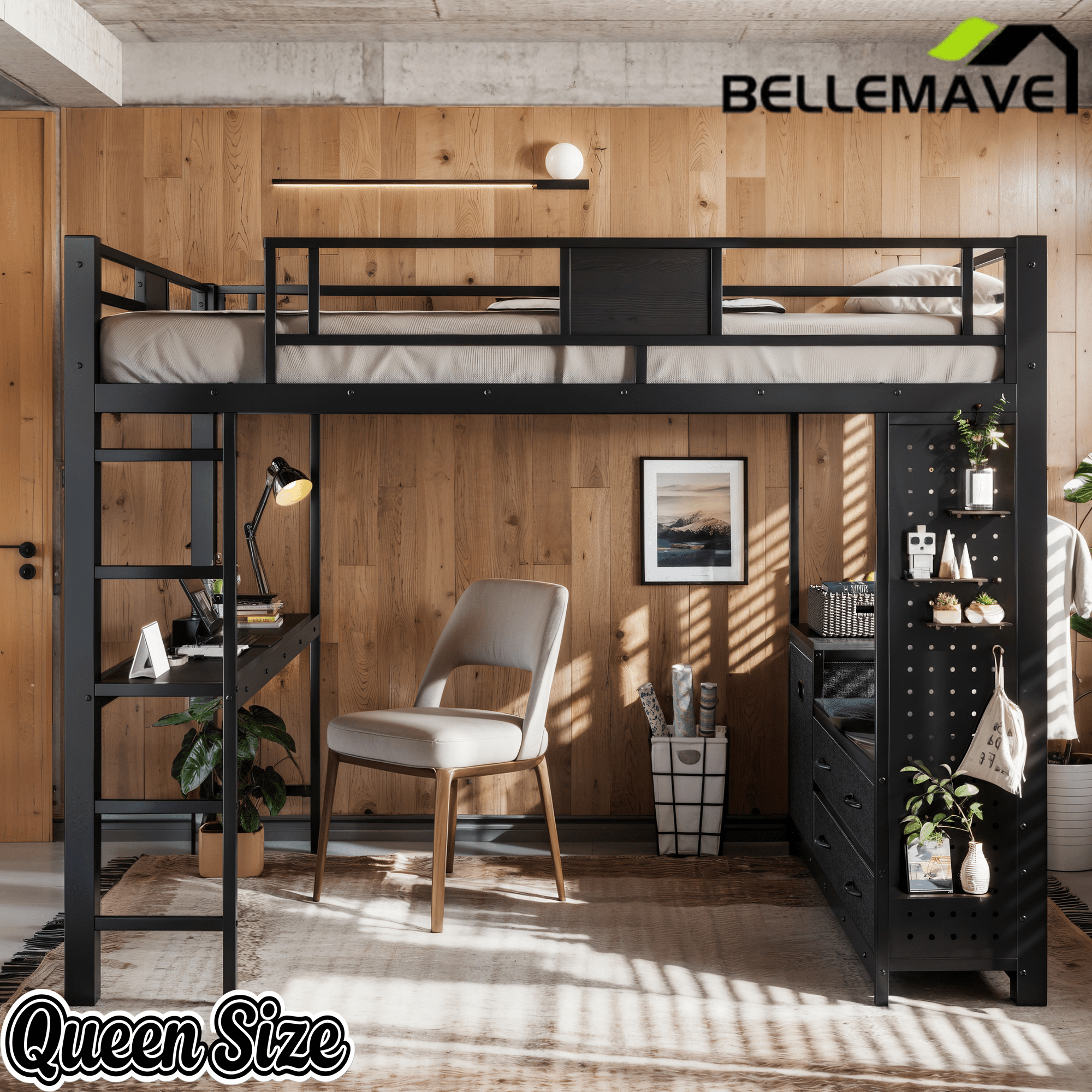 Bellemave® Queen Size Metal Loft Bed with Desk, Storage Shelves & Clothesline Pole, Storage pegboard, Laundry Bag,for Adults, Kids, Teens, Black - Bellemave
