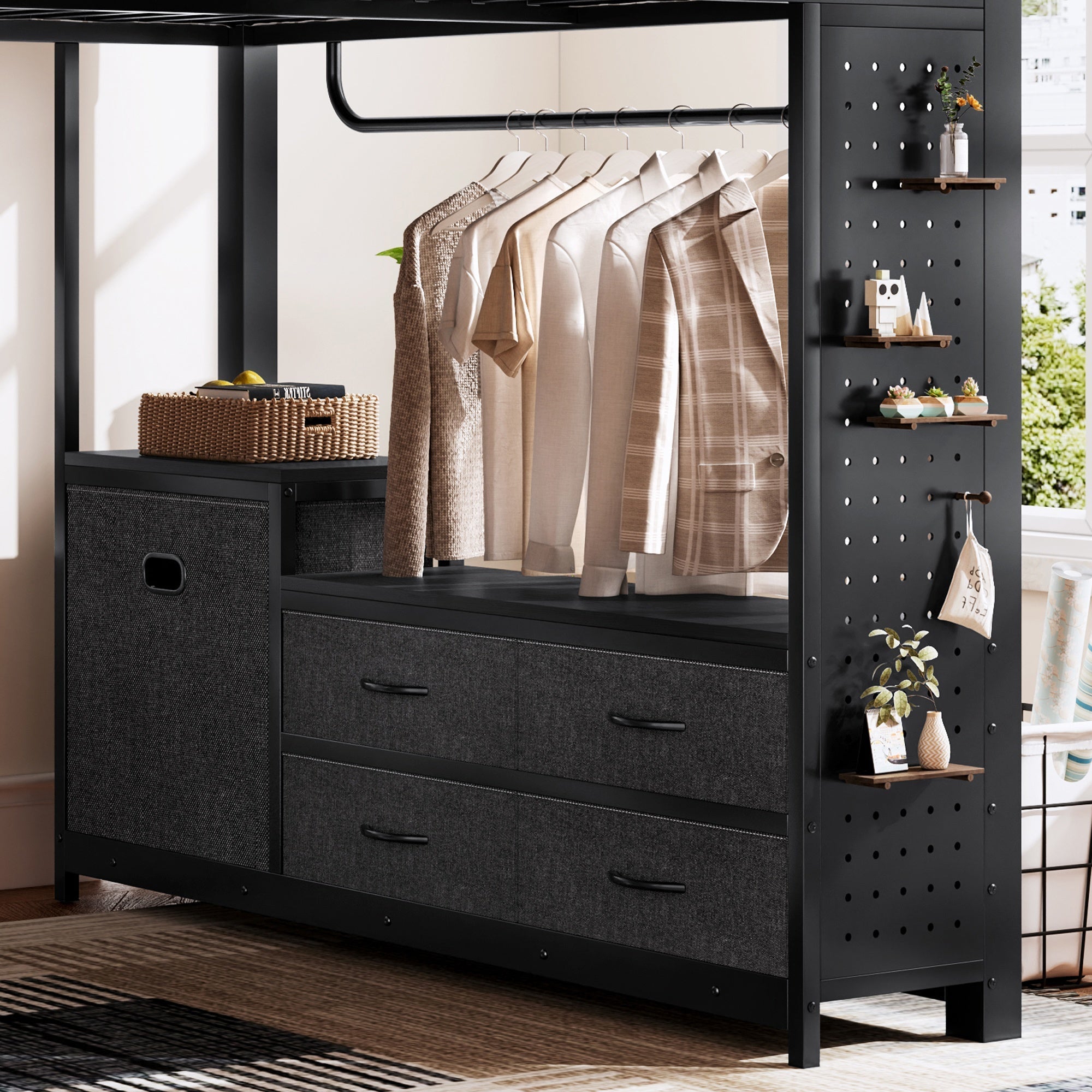 Bellemave® Queen Size Metal Loft Bed with Desk, Storage Shelves & Clothesline Pole, Storage pegboard, Laundry Bag,for Adults, Kids, Teens, Black - Bellemave