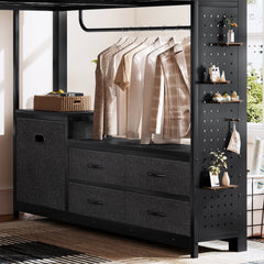 Bellemave® Queen Size Metal Loft Bed with Desk, Storage Shelves & Clothesline Pole, Storage pegboard, Laundry Bag,for Adults, Kids, Teens, Black - Bellemave