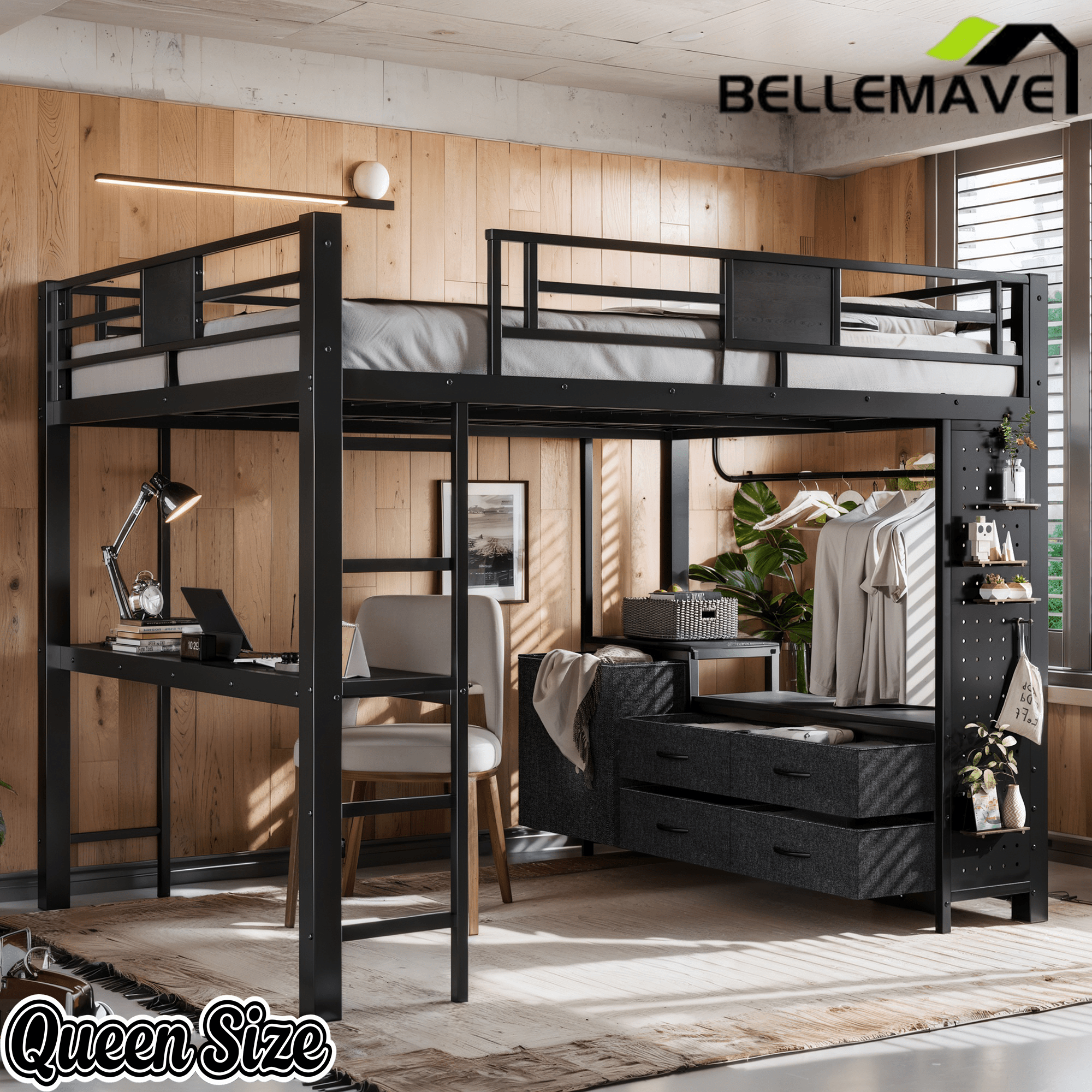 Bellemave® Queen Size Metal Loft Bed with Desk, Storage Shelves & Clothesline Pole, Storage pegboard, Laundry Bag,for Adults, Kids, Teens, Black - Bellemave