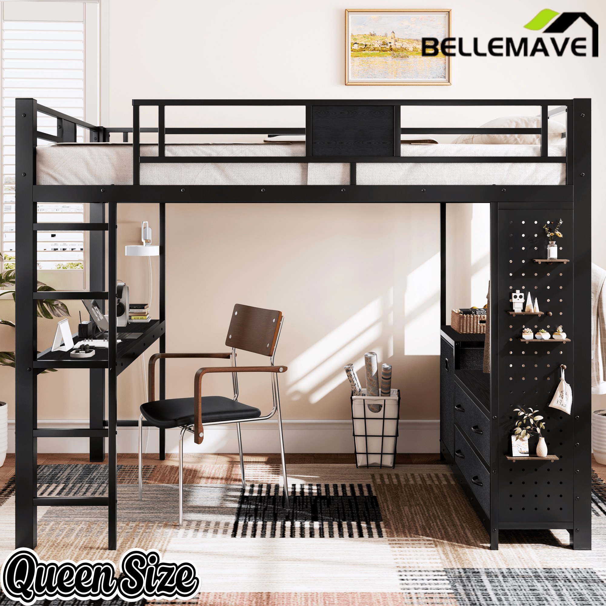 Bellemave® Queen Size Metal Loft Bed with Desk, Storage Shelves & Clothesline Pole, Storage pegboard, Laundry Bag,for Adults, Kids, Teens, Black - Bellemave
