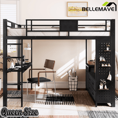 Bellemave® Queen Size Metal Loft Bed with Desk, Storage Shelves & Clothesline Pole, Storage pegboard, Laundry Bag,for Adults, Kids, Teens, Black - Bellemave