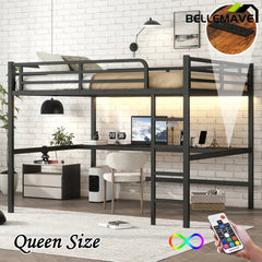 Bellemave® Queen Size Metal Loft Bed with Power Outlet and LED Lighted - Bellemave